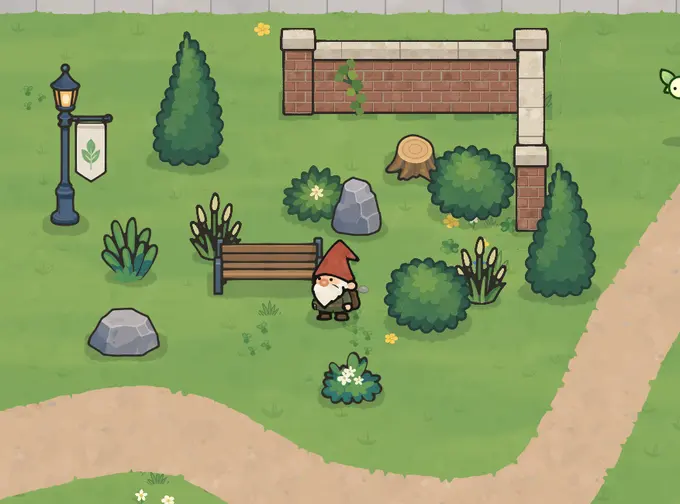 A gnome in a garden with winding paths and a bench